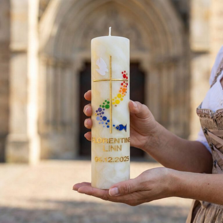 Handverzierte Taufkerze wird achtsam vor einer Kirche gehalten – Symbol für einen besonderen Lebensbeginn.