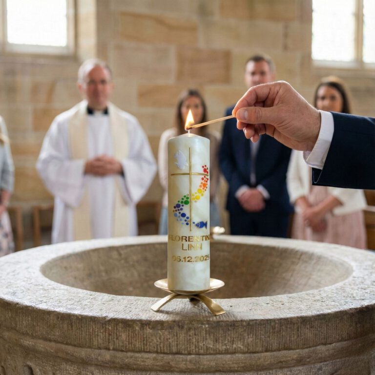 Taufkerze wird während der Taufe feierlich entzündet – Zeichen für Glauben, Schutz und Neubeginn.