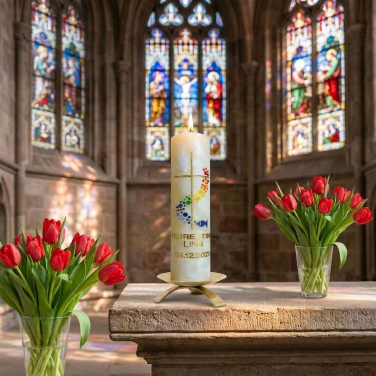 Taufkerze steht auf dem Altar einer Kirche, umgeben von Blumen und farbigem Kirchenlicht.
