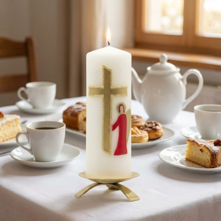Taufkerze steht brennend auf einer festlichen Kaffeetafel nach der Taufe im Familienkreis.