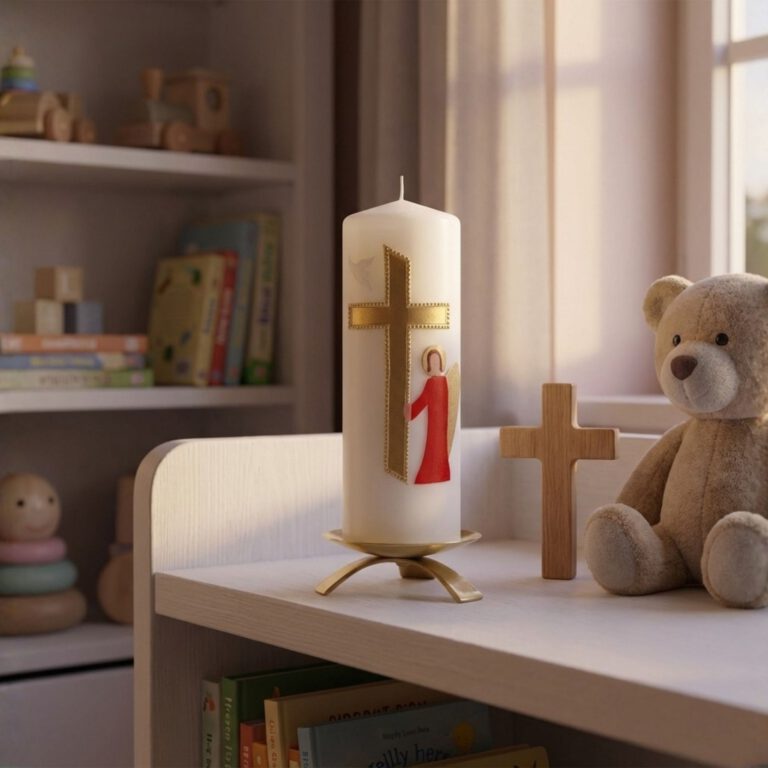 Taufkerze steht im Kinderzimmer neben Kreuz und Stofftier – ein stiller Begleiter im Alltag.