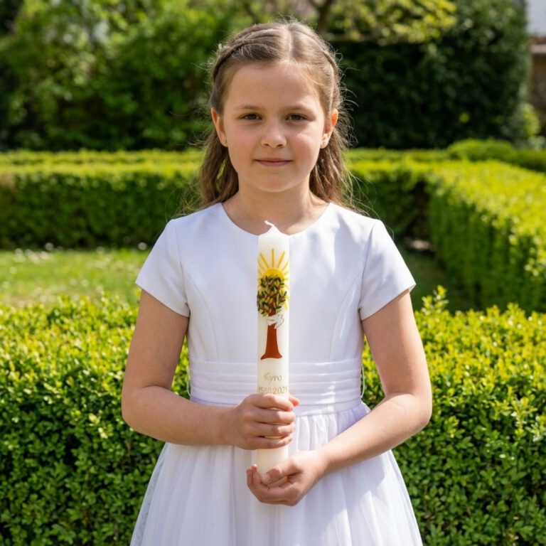 Ein Kommunionkind in weißer Kleidung hält seine Taufkerze bei einem weiteren religiösen Anlass.