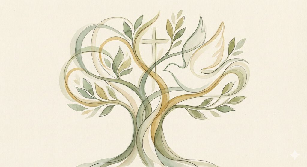 Illustration eines Lebensbaums mit Kreuz, Taube und Blättern als Symbole für Taufe, Glaube und Neubeginn