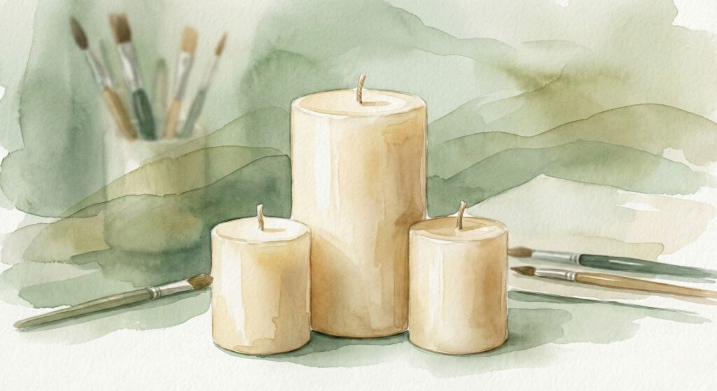 Illustration einer Taufkerze mit passenden Patenkerzen und Tischkerzen im gleichen Stil