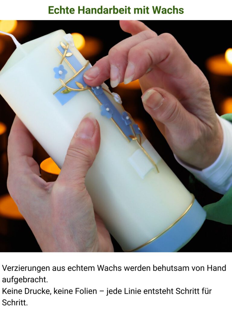 Handarbeit bei der Verzierung einer Taufkerze mit echtem Wachs