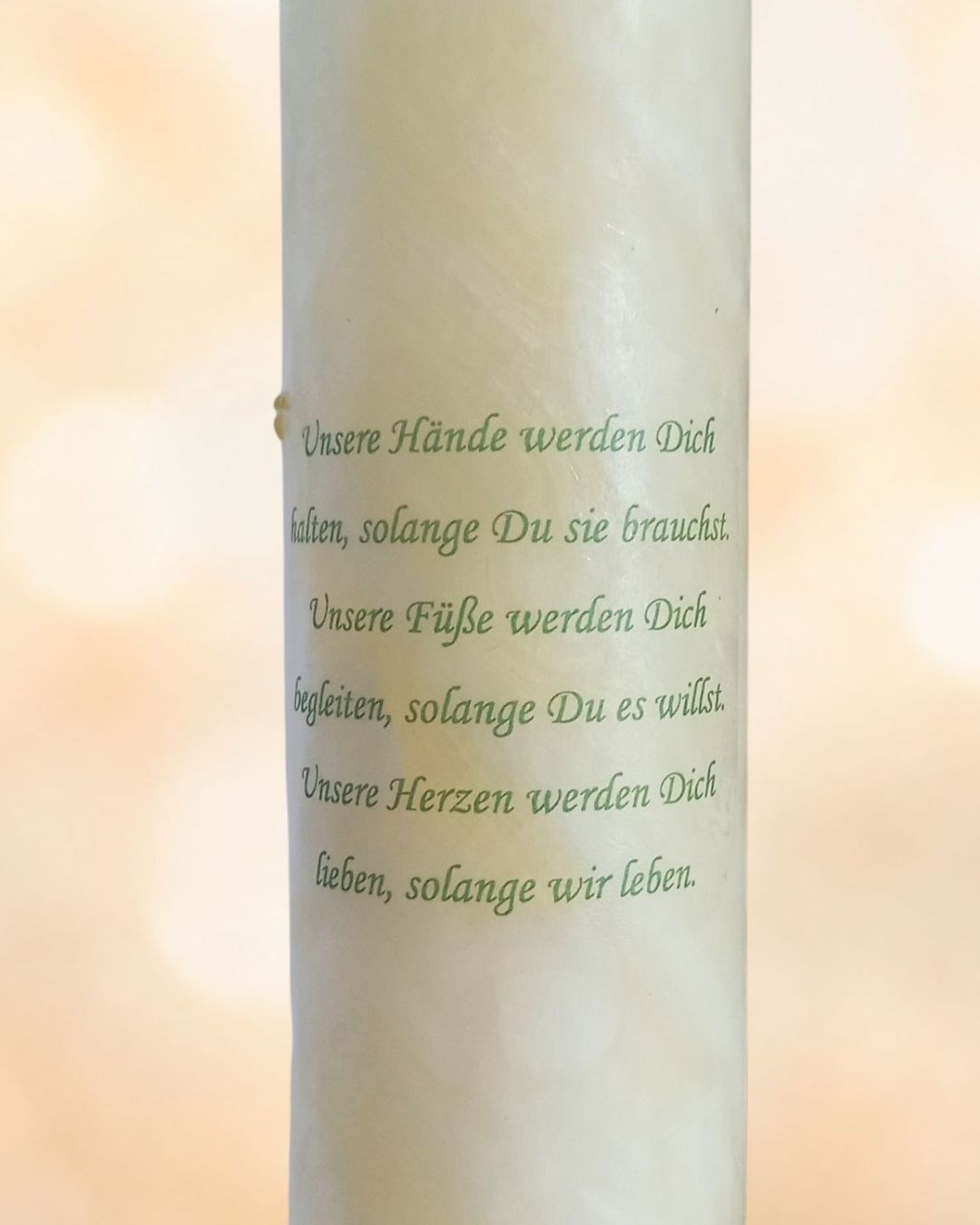 Taufkerze Bienenwachs mit gedrucktem Taufspruch auf der Rückseite