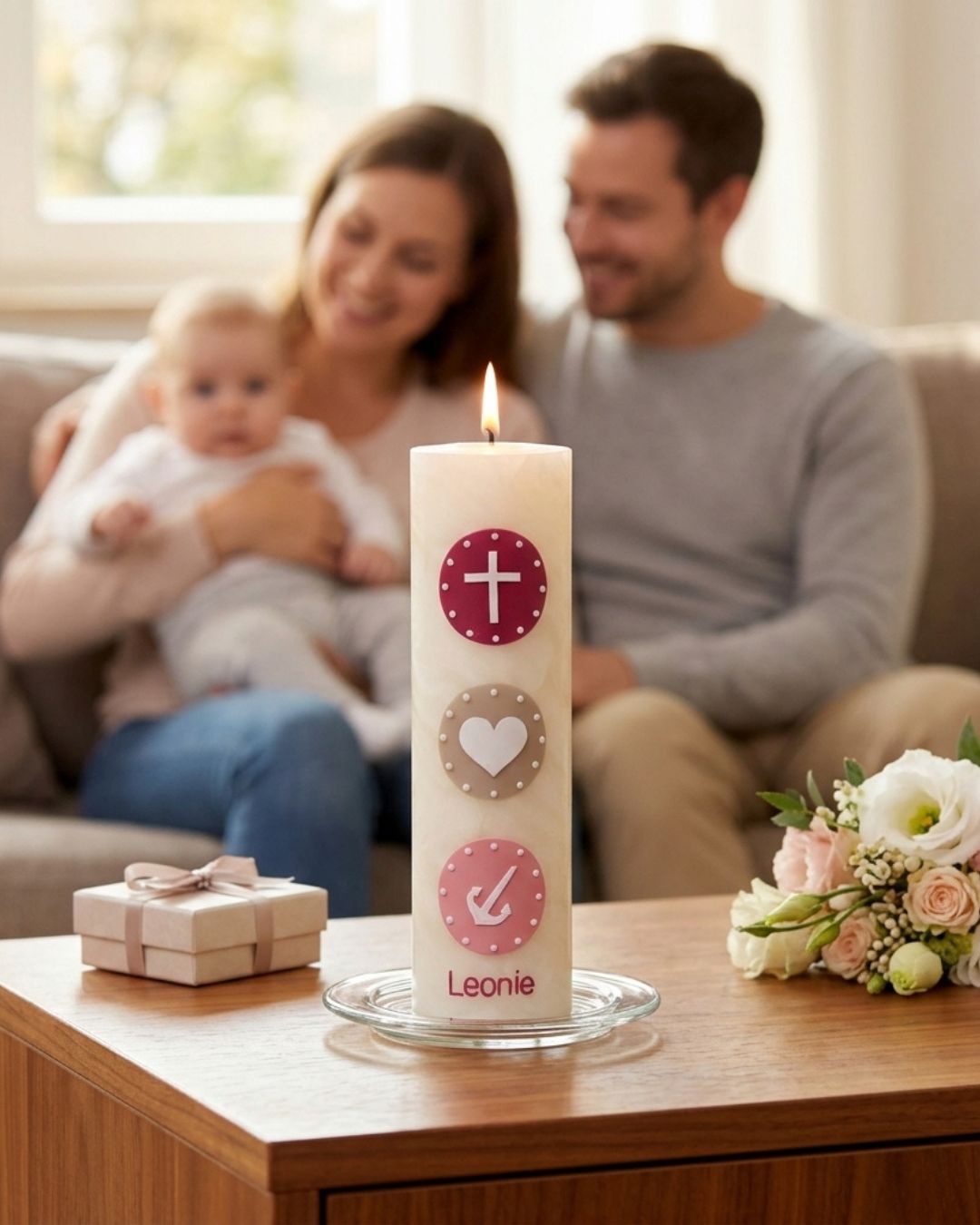 Bienenwachs-Taufkerze Glaube Liebe Hoffnung mit Kreuz, Herz und Anker, personalisiert mit Name
