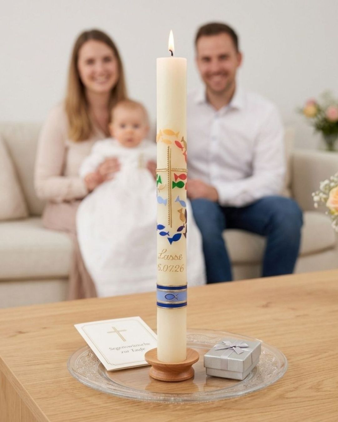 Schlanke Bienenwachs-Taufkerze mit Kreuz und Fischen, handverziert und personalisiert