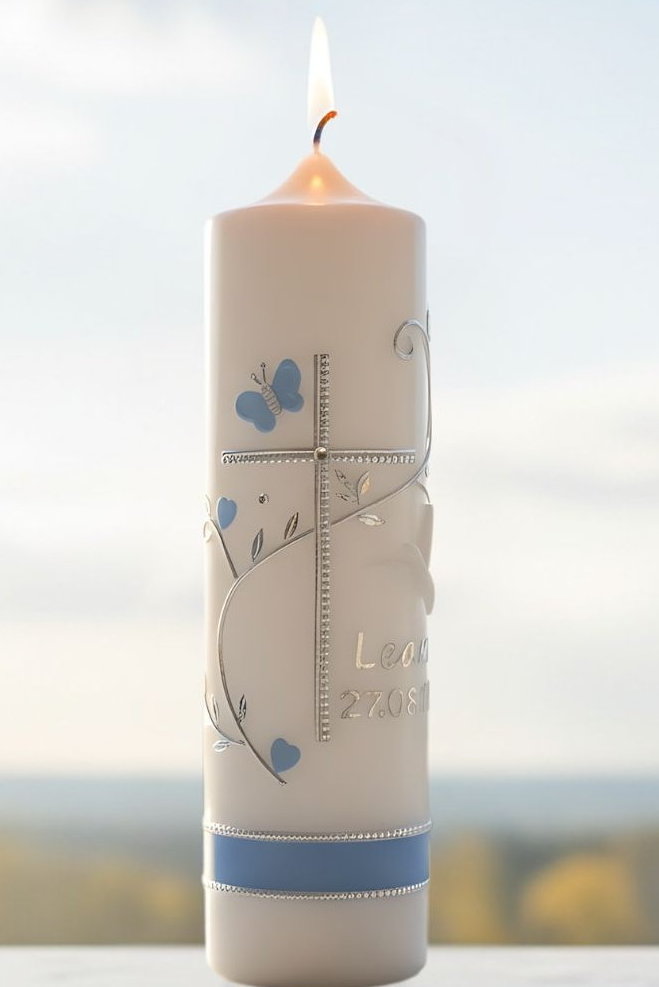 Taufkerze mit Kreuz, Blumenranke, Schmetterling & Taube