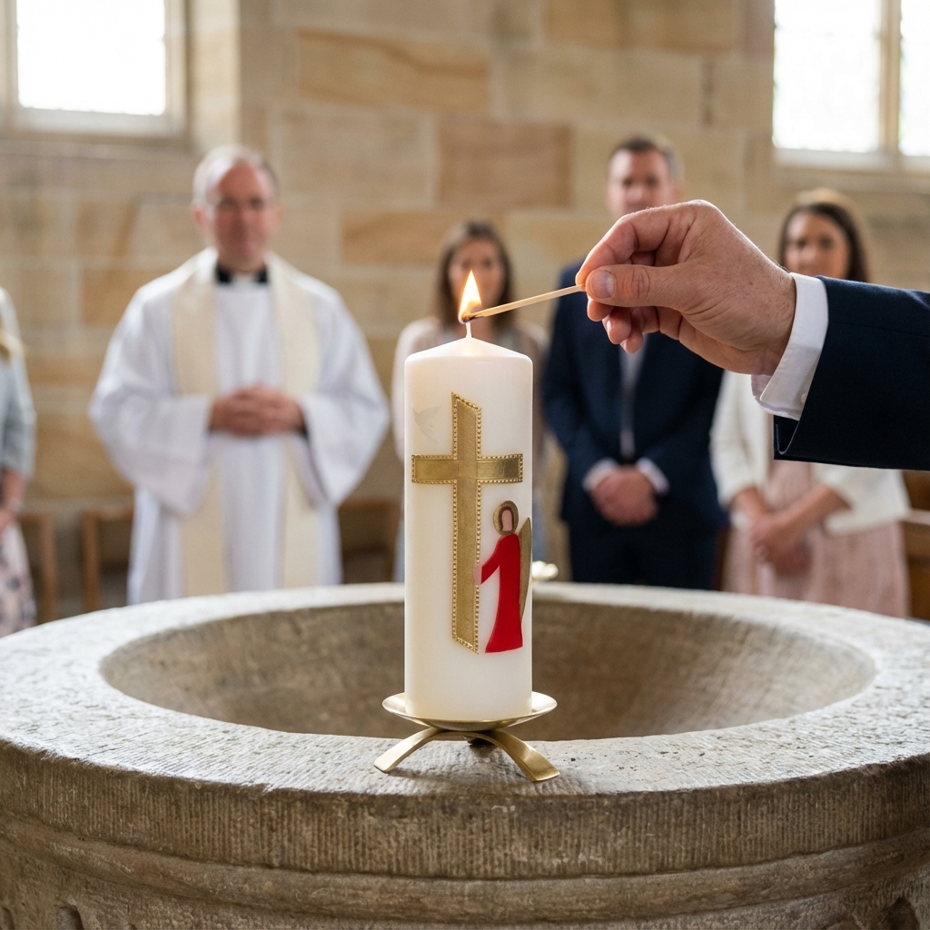 Taufkerze mit Kreuz, Taube & Engel