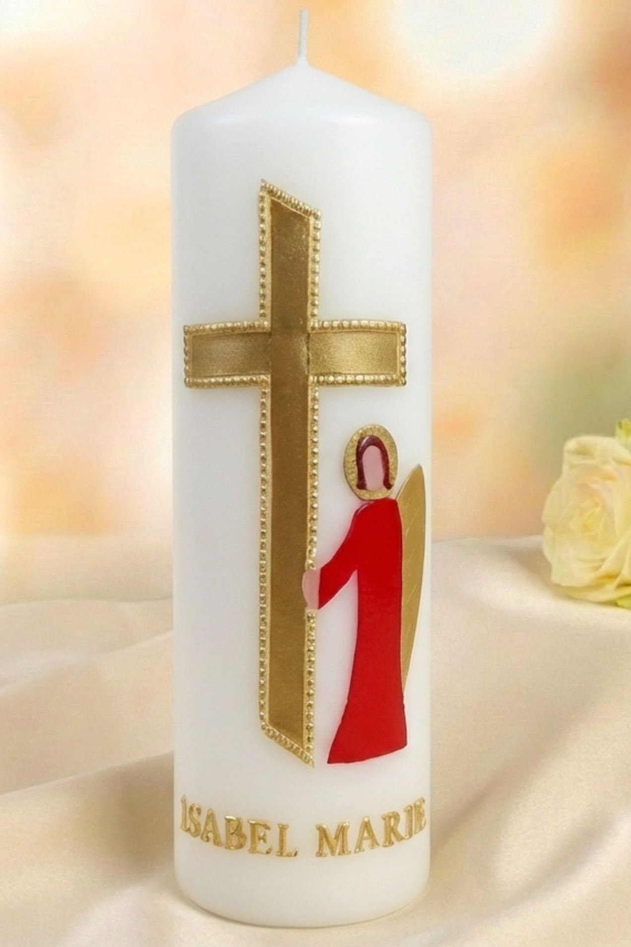 Taufkerze mit Kreuz, Taube & Engel
