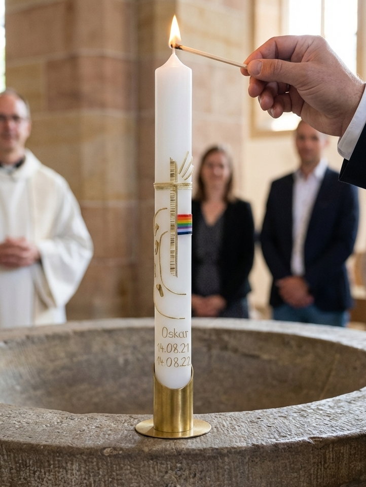 Taufkerze mit Regenbogen, Kreuz und Lebensweg in Elfenbein