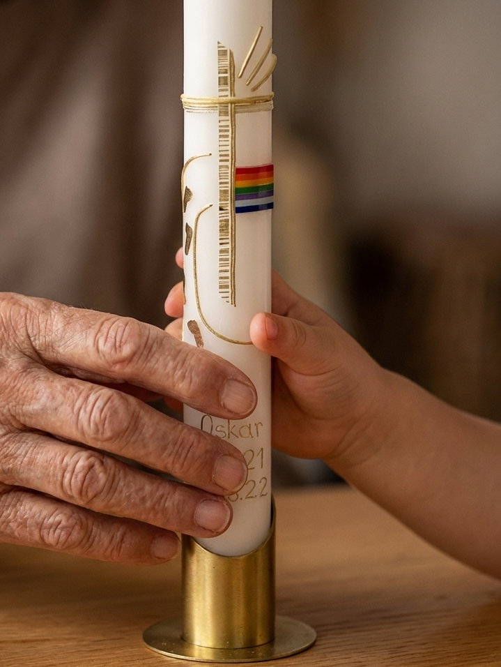Taufkerze mit Regenbogen, Kreuz und Lebensweg in Elfenbein
