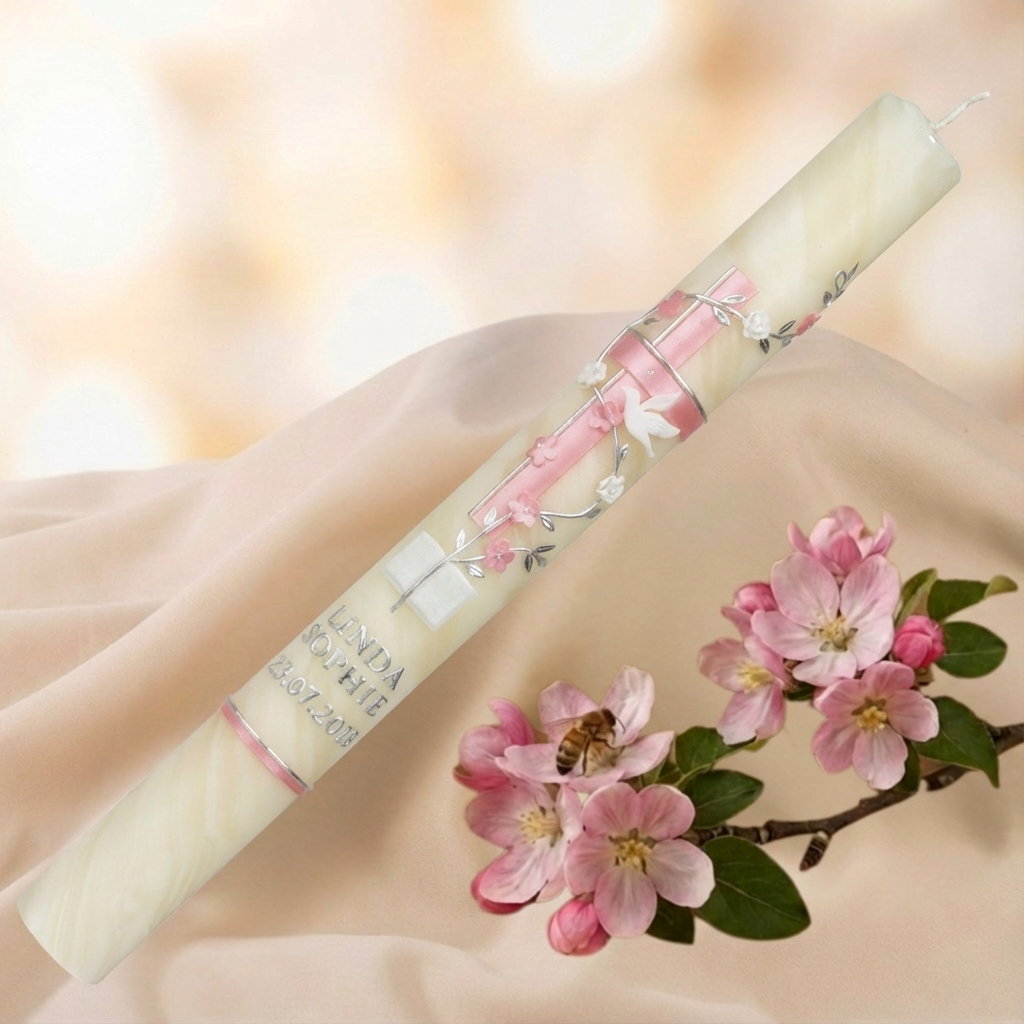 Bienenwachs-Taufkerze mit Blumenranke, Bibel, Taube & Kreuz