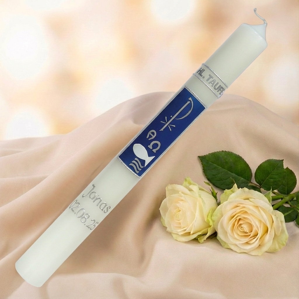 Taufkerze mit christlichen Symbolen in Blau & Silber – klassisch, handverziert & personalisierbar