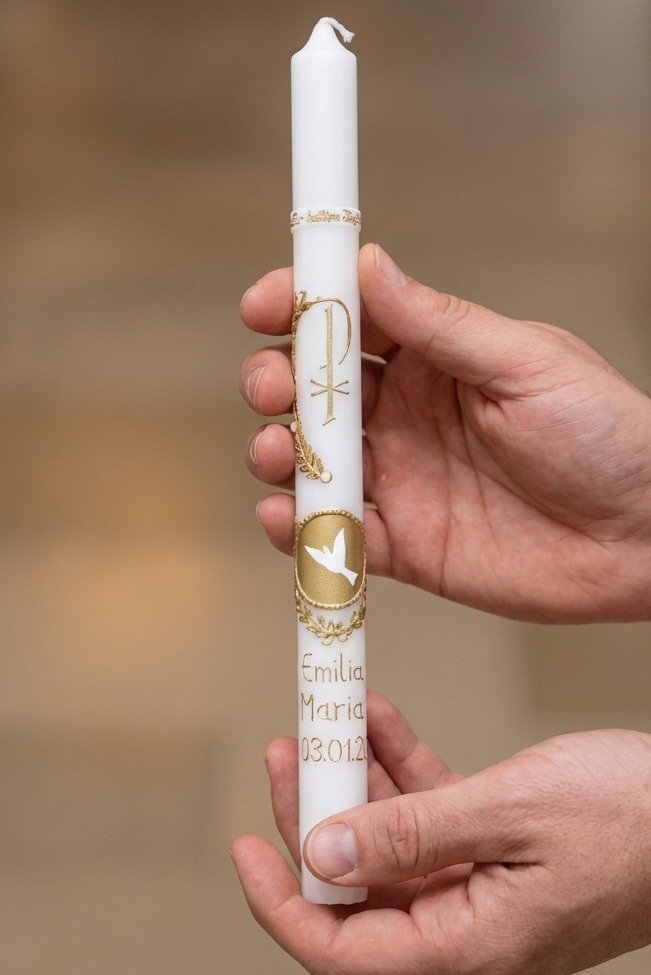 Extra schlanke Taufkerze mit Pax-Symbol, Taube und Olivenzweigen