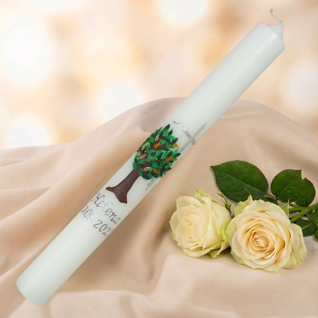 Taufkerze mit Lebensbaum und silbernem Kreuz