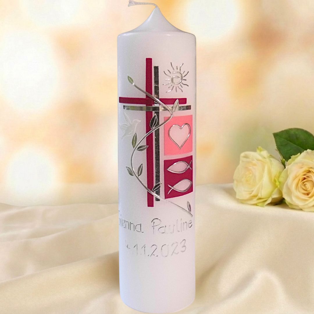 Moderne Taufkerze mit Kreuz, Blumenranke & Sonne – Cardinal/Silber