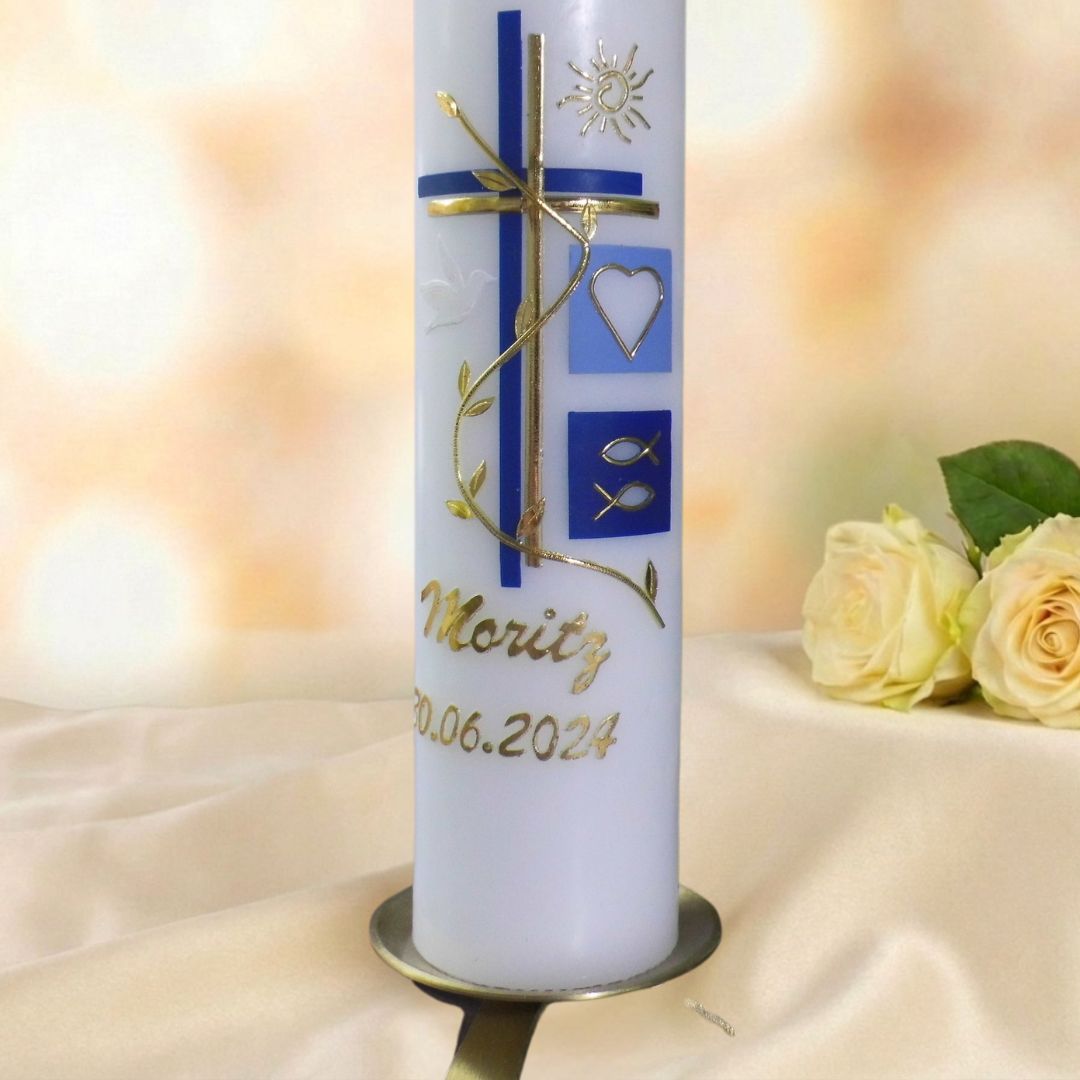 Moderne Taufkerze mit Kreuz, Blumenranke & Sonne blau/gold