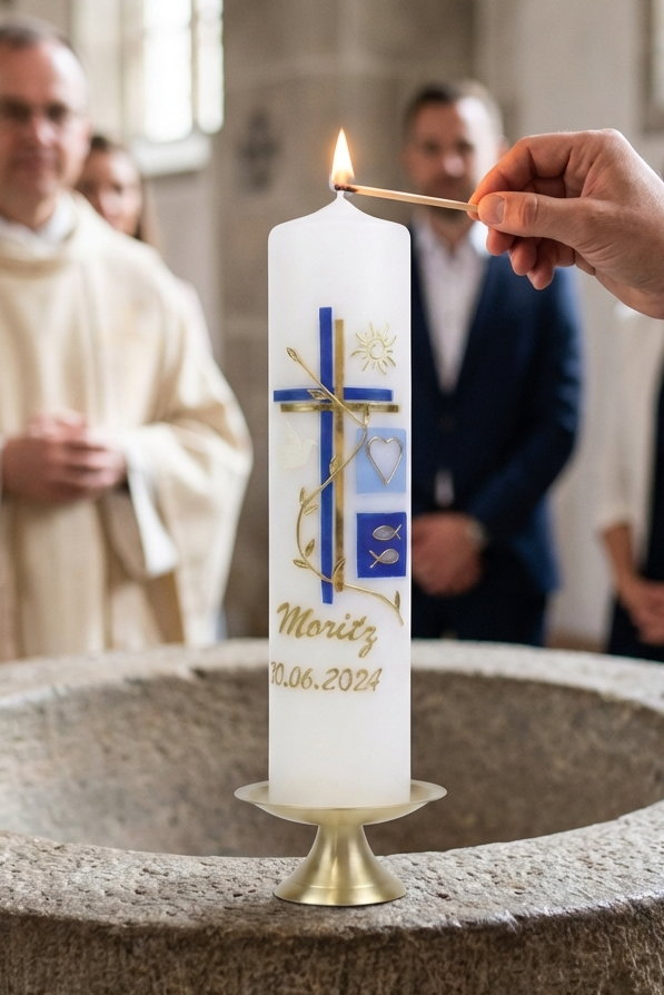 Moderne Taufkerze mit Kreuz, Blumenranke & Sonne blau/gold