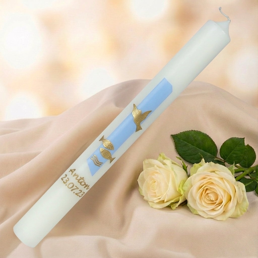 Weiße Taufkerze für Jungen mit Taube & Fischen in Gold