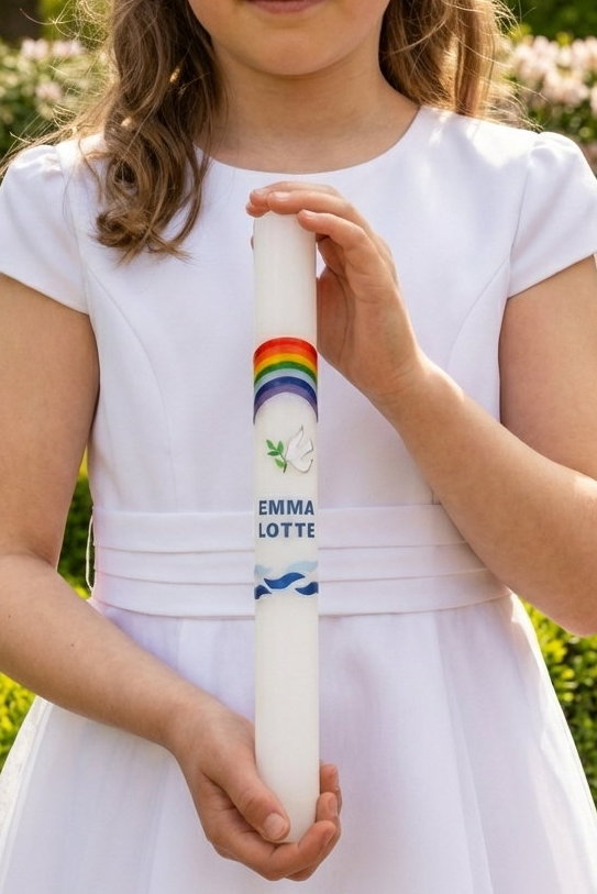 Taufkerze Regenbogen & Taube – handverziert