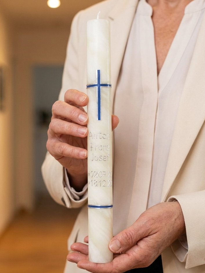 Taufkerze Bienenwachs mit blau-silbernem Kreuz