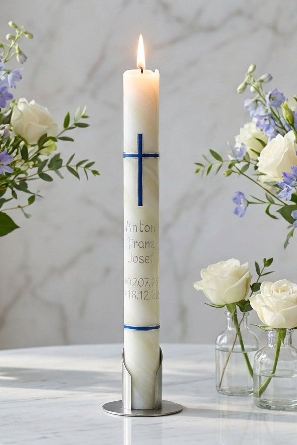 Taufkerze Bienenwachs mit blau-silbernem Kreuz