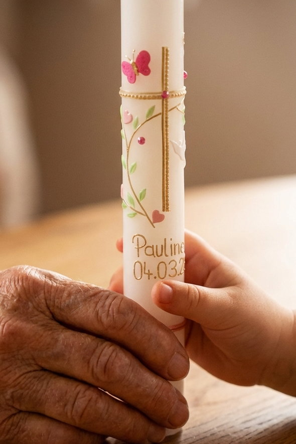 Taufkerze mit Kreuz, Taube, Schmetterling & Blattranke