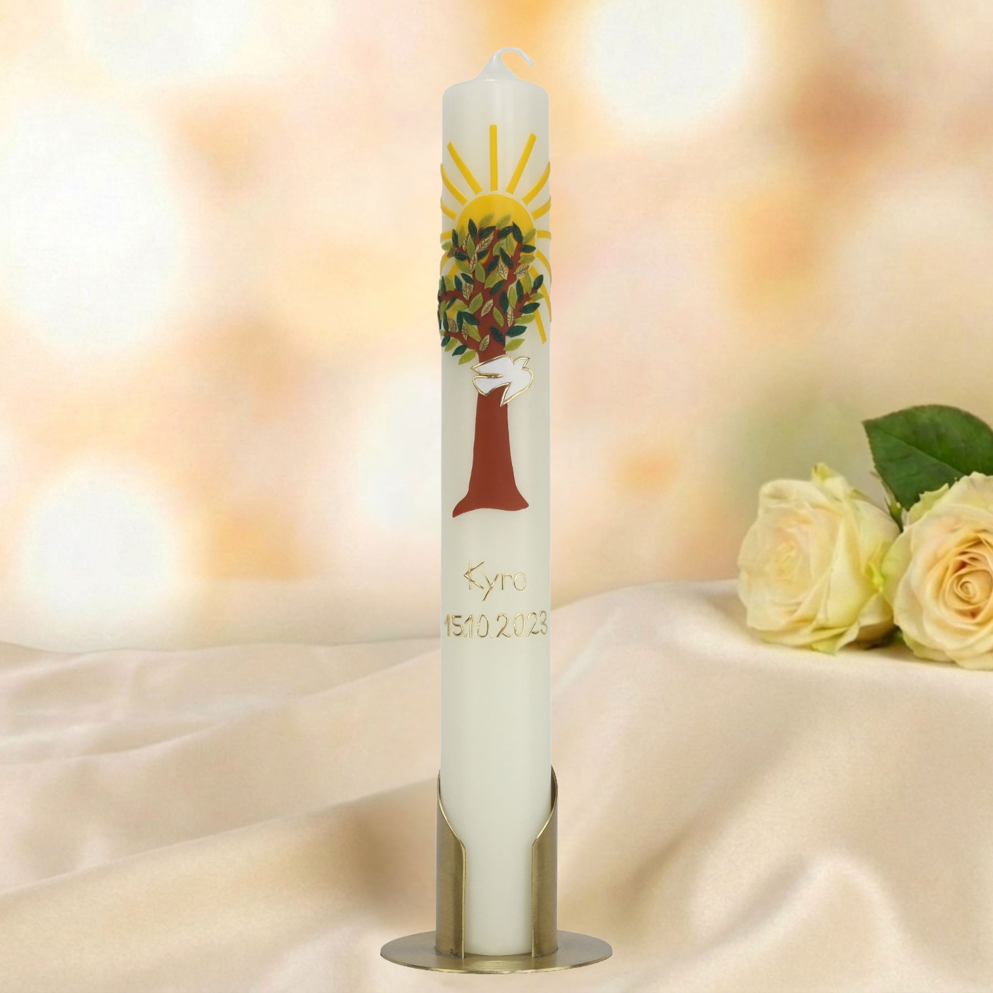 Taufkerze Lebensbaum mit Taube & Sonne