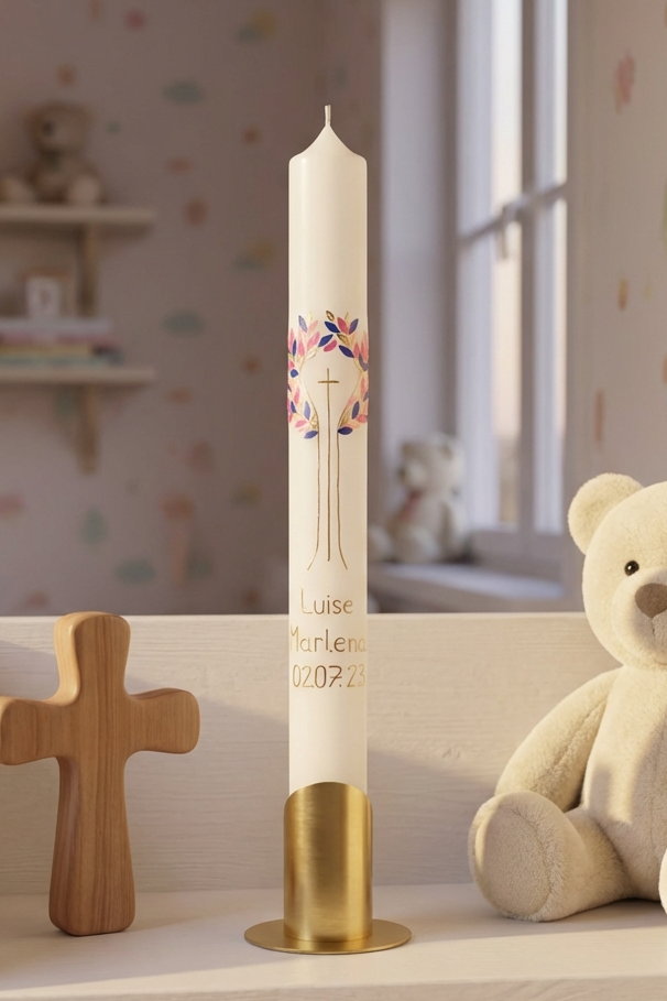 Taufkerze Lebensbaum bunt mit goldenem Kreuz