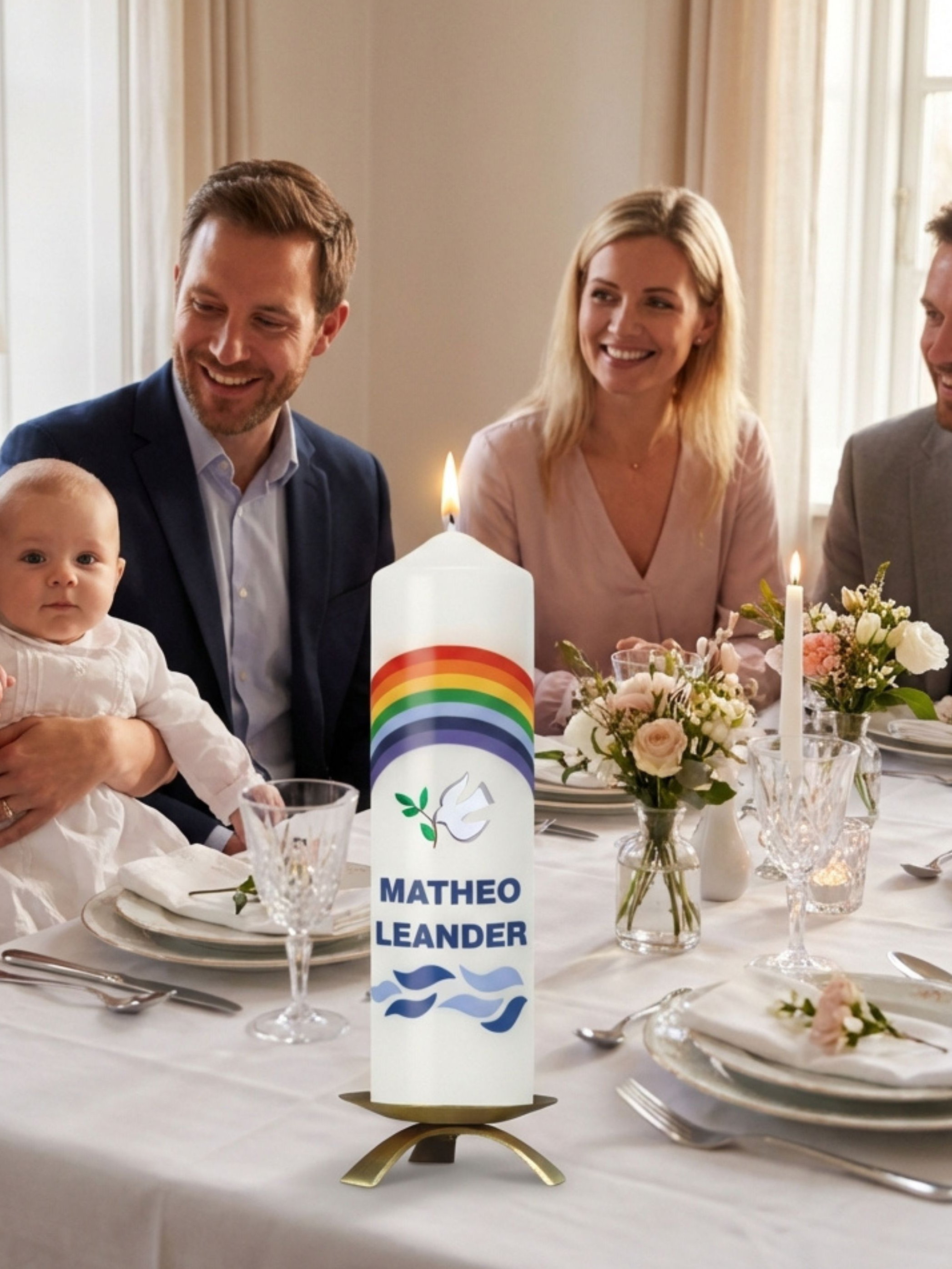 Taufkerze mit Regenbogen, Taube und Wellen, Stumpenkerze, personalisierbar mit Namen und Datum