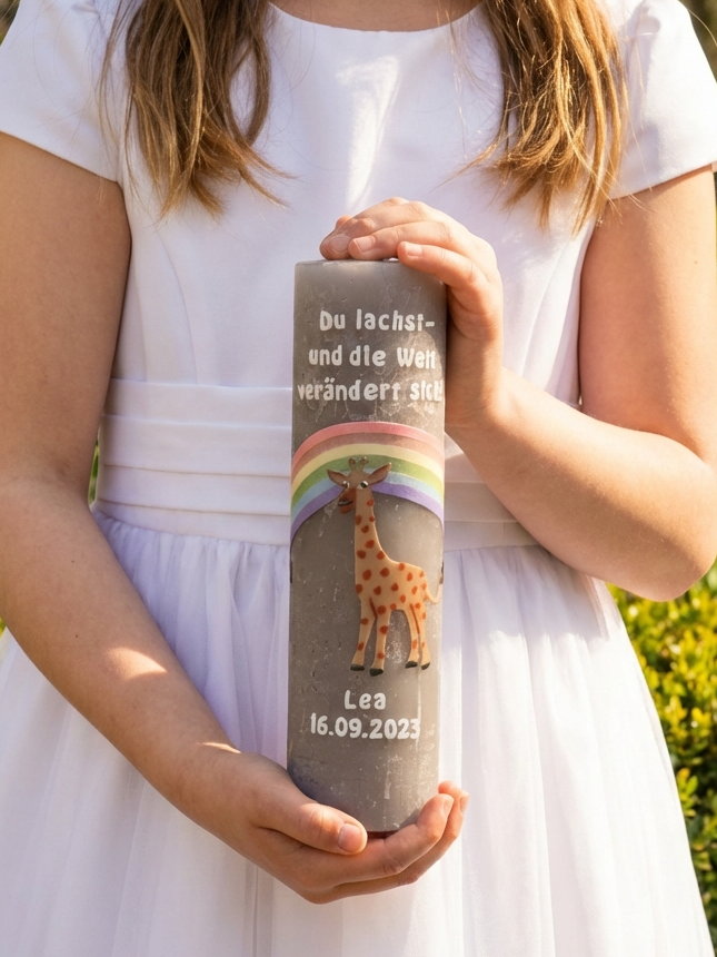 Rustik Taufkerze Lea hellgrau mit pastellfarbigem Regenbogen und Giraffe