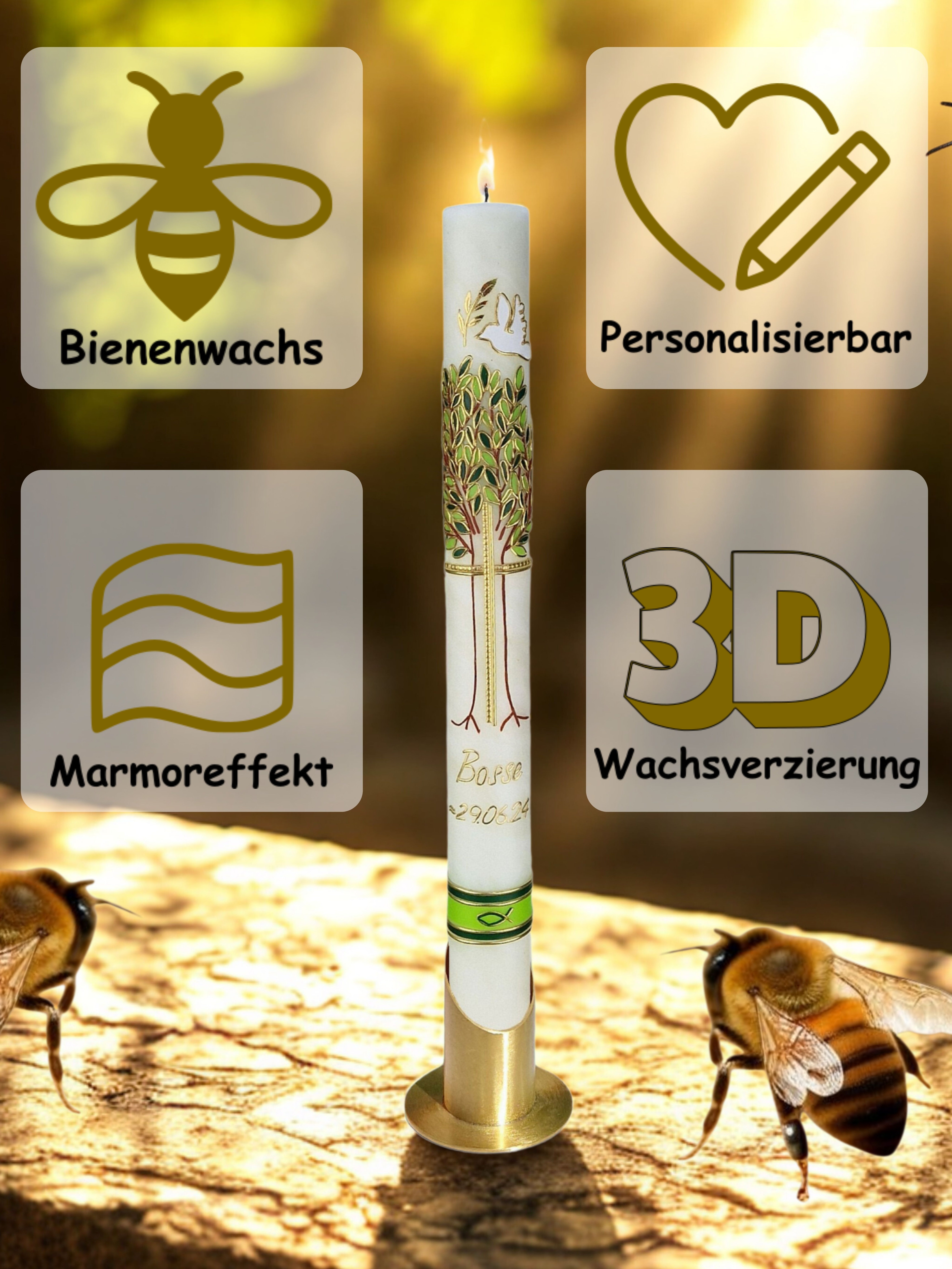 Bienenwachs-Taufkerze mit Lebensbaum, Taube & Olivenzweig