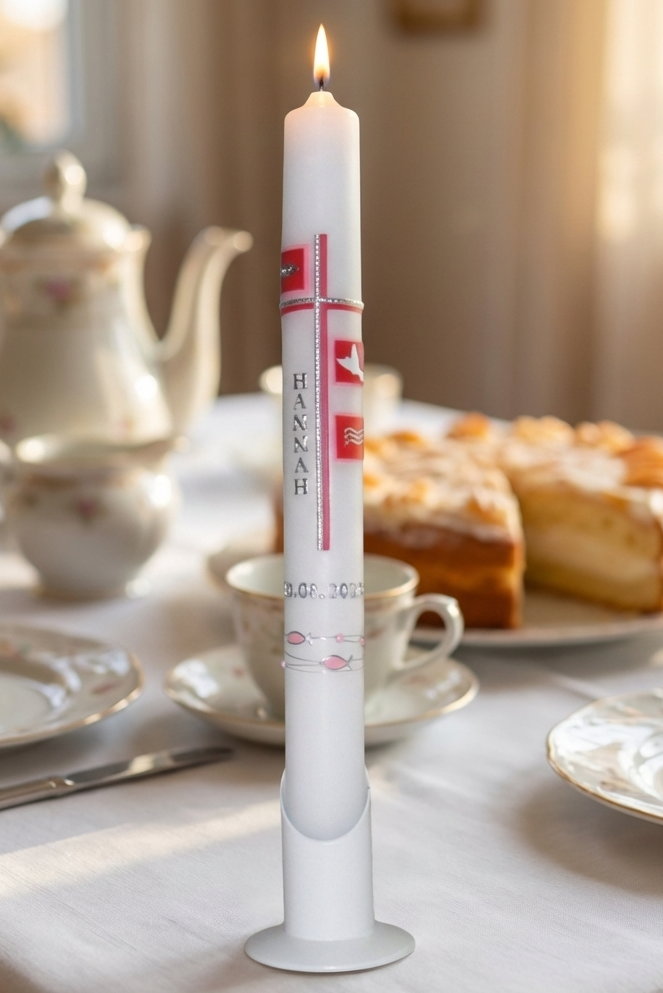 Schlanke Taufkerze mit Kreuz & Symbolkacheln Fisch, Taube und Wellen in Rot & Silber