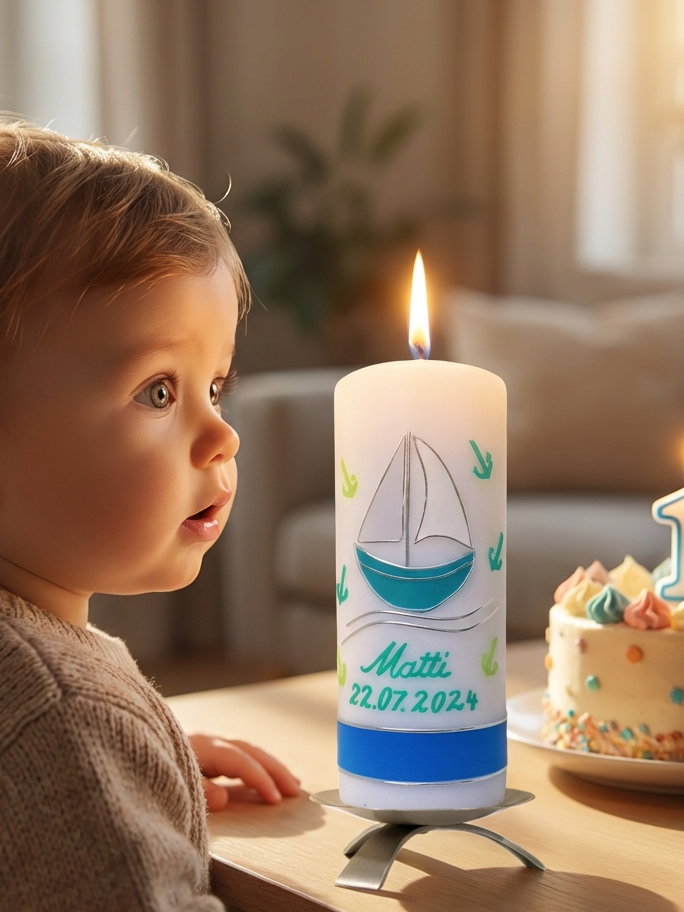 Maritime Taufkerze Segelschiff mit Meer und Ankern