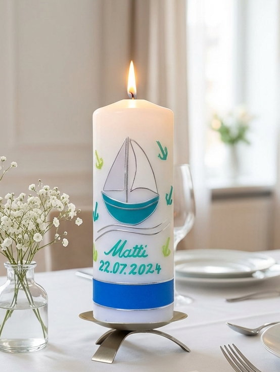 Maritime Taufkerze Segelschiff mit Meer und Ankern