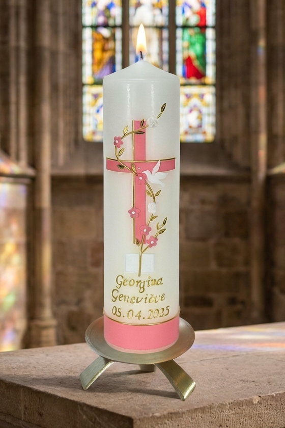 Taufkerze mit rosa-goldenem Kreuz, Blumenranke, Taube und Bibel