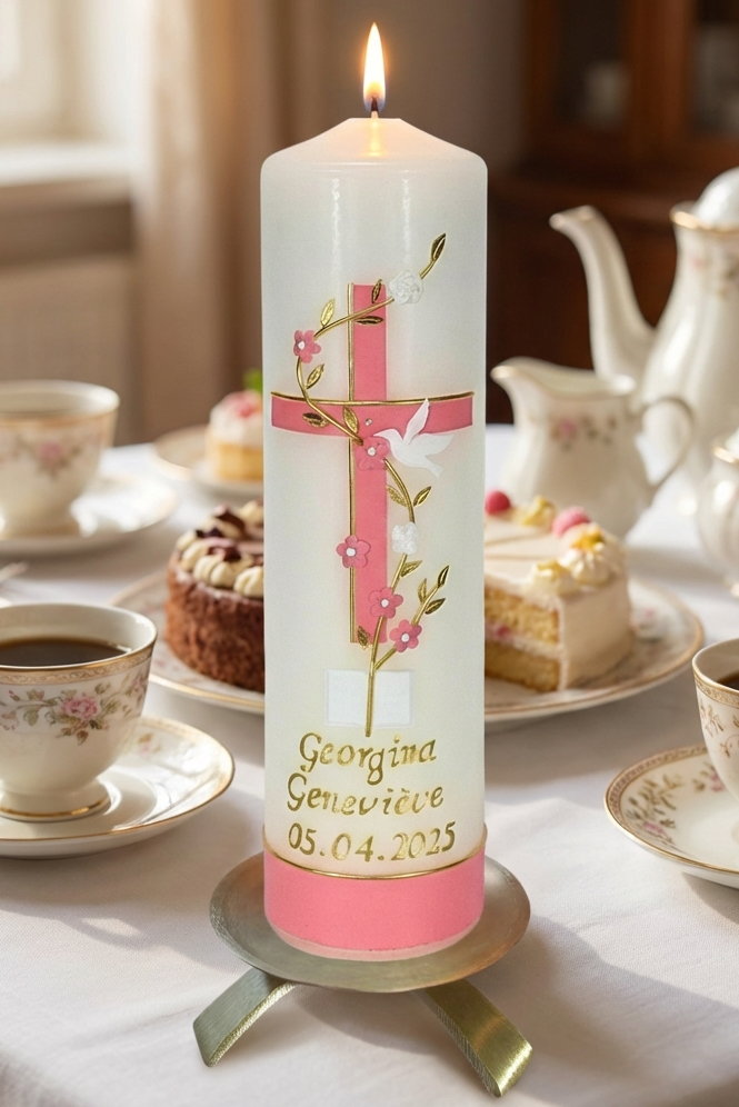 Taufkerze mit rosa-goldenem Kreuz, Blumenranke, Taube und Bibel