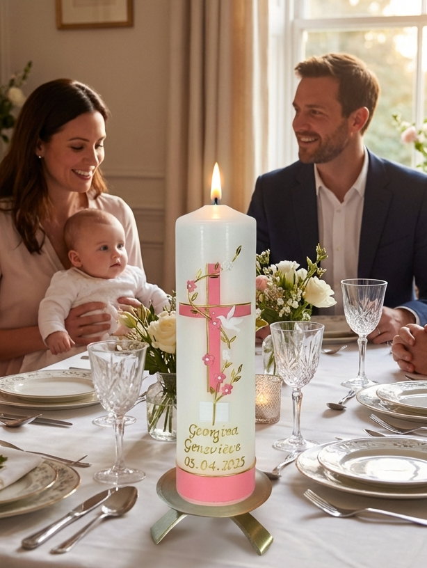 Taufkerze mit rosa-goldenem Kreuz, Blumenranke, Taube und Bibel