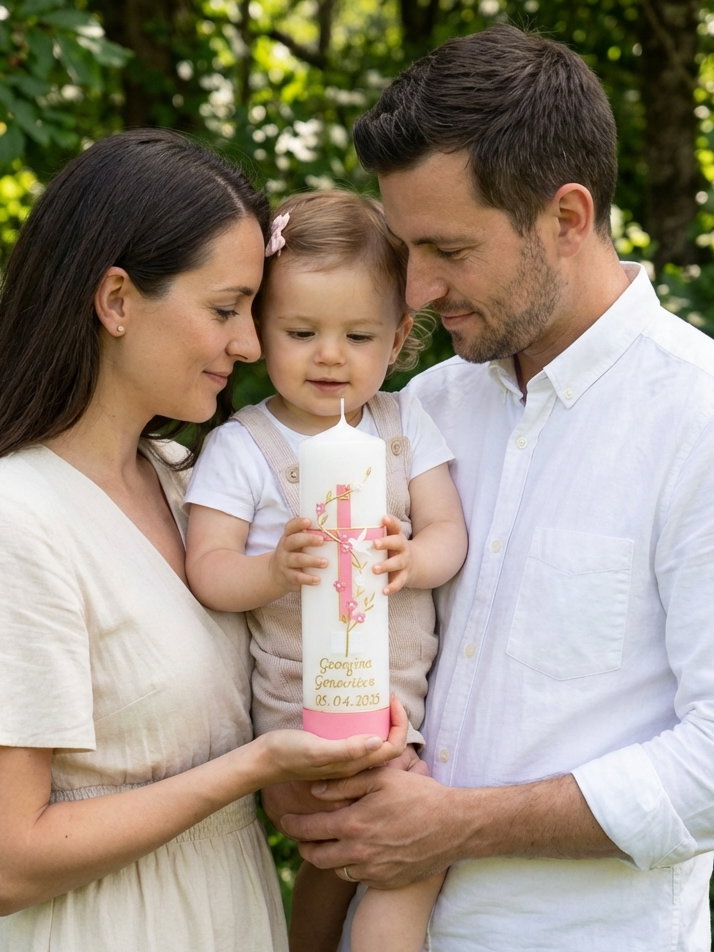Taufkerze mit rosa-goldenem Kreuz, Blumenranke, Taube und Bibel