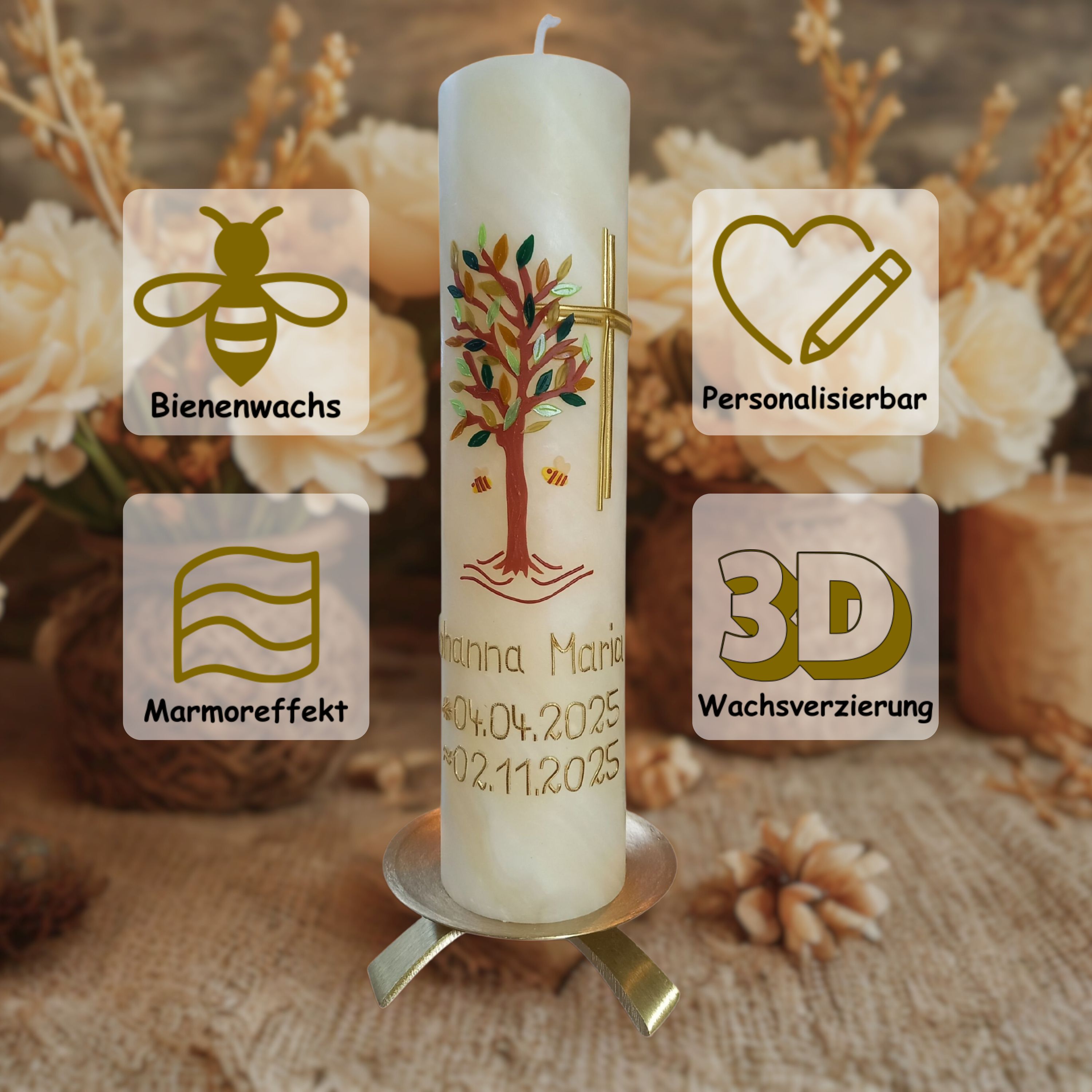 Taufkerze Bienenwachs Lebensbaum & Kreuz