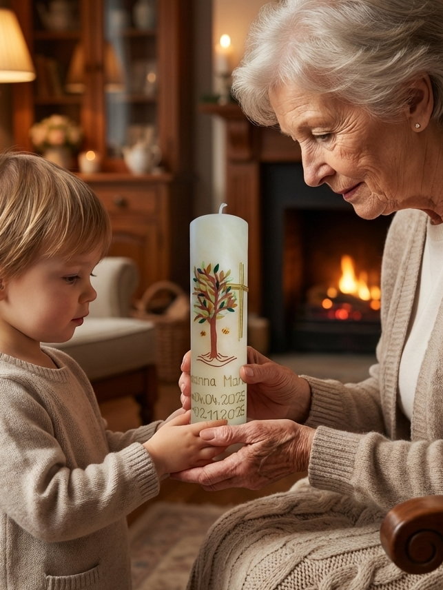 Taufkerze Bienenwachs Lebensbaum & Kreuz