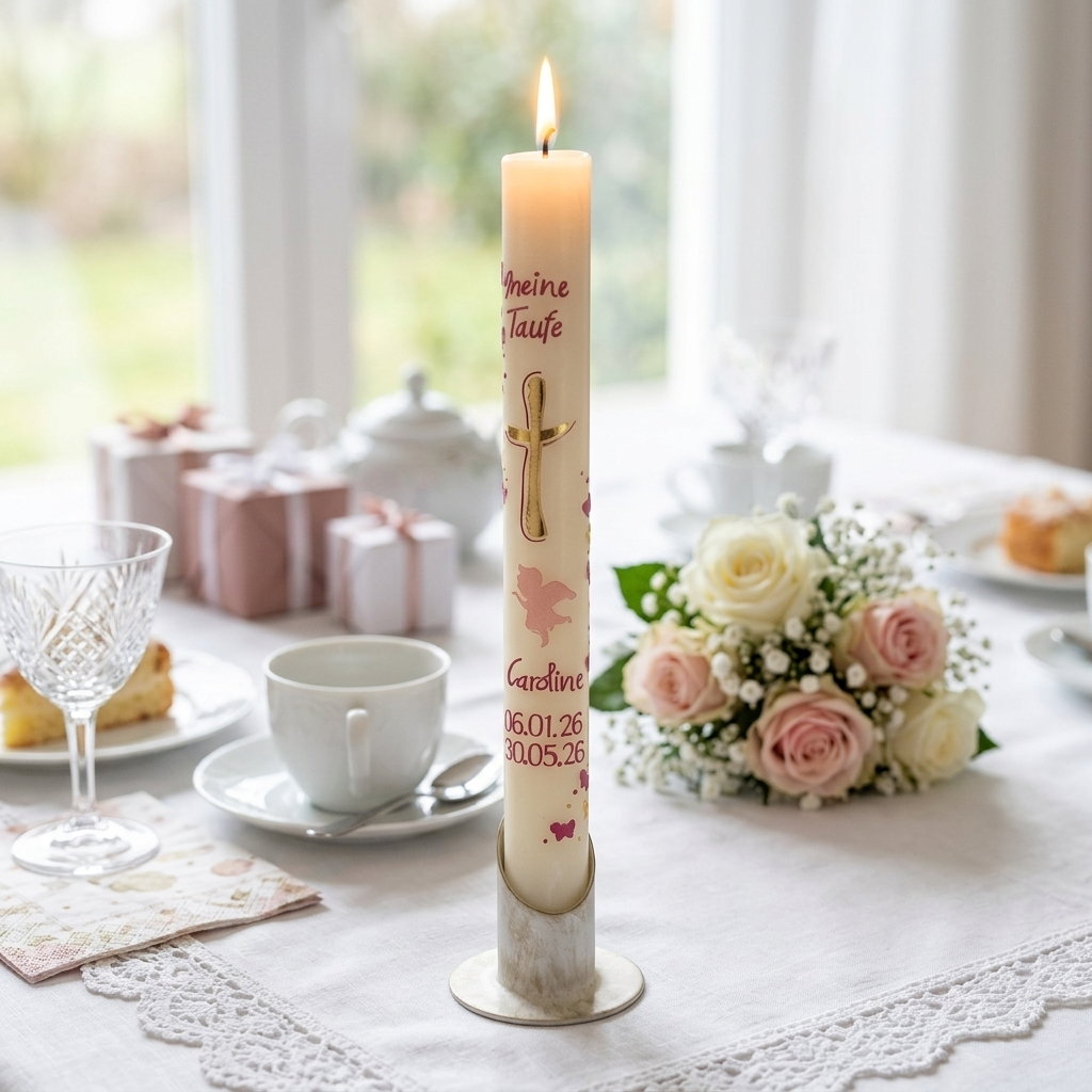 Bienenwachs-Taufkerze mit Kreuz, Taube & Schmetterlingen – schlank, personalisiert
