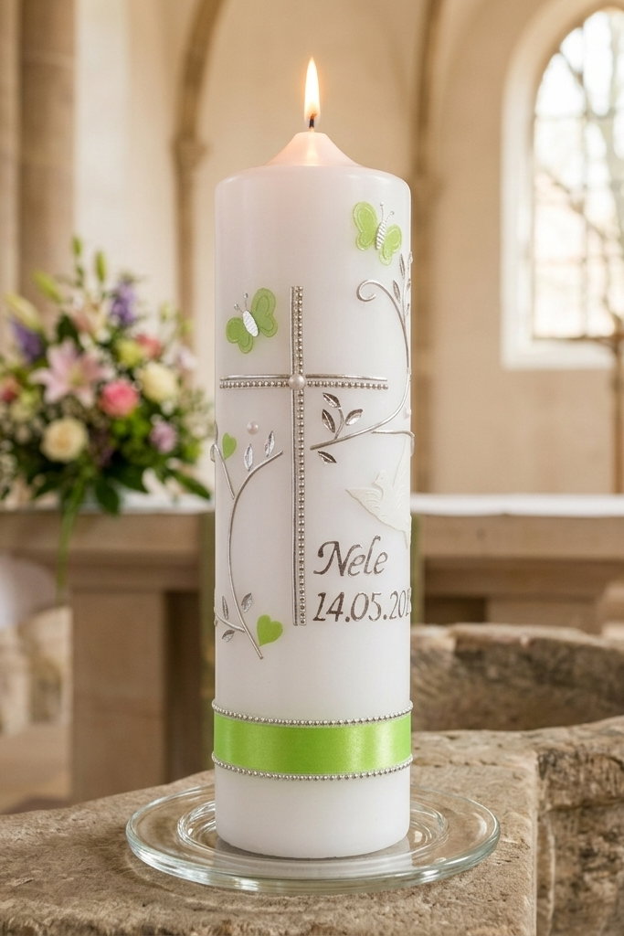 Taufkerze grün mit Kreuz, Schmetterling & Taube – handverziert und personalisiert