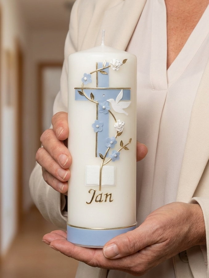 Taufkerze mit zweifarbigem Kreuz in elfenbein, Blumenranke, Taube und Bibel, personalisierbar