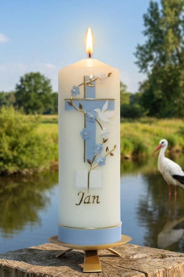 Taufkerze mit zweifarbigem Kreuz in elfenbein, Blumenranke, Taube und Bibel, personalisierbar