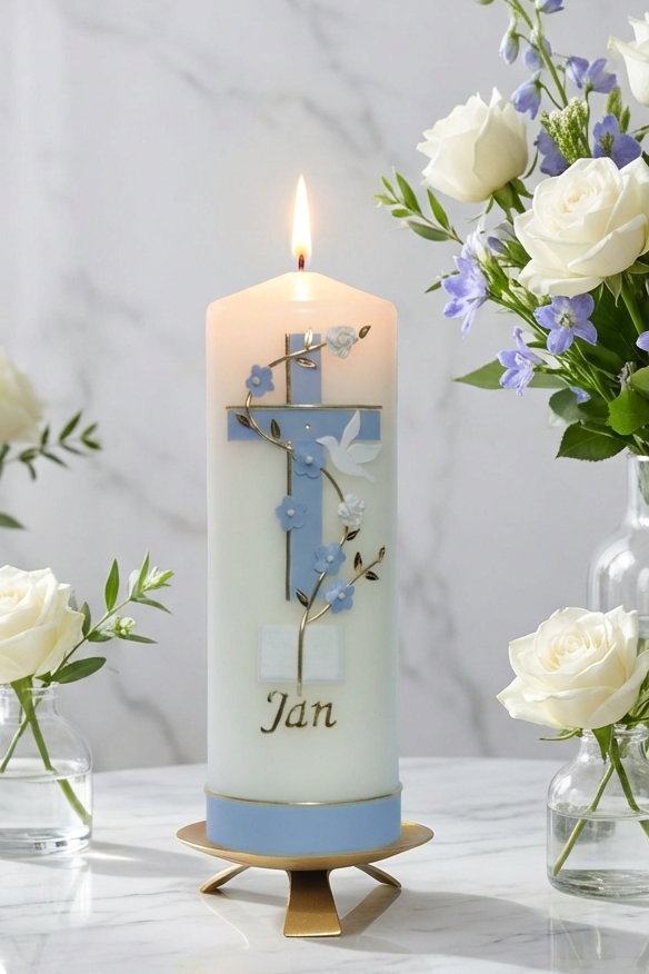 Taufkerze mit zweifarbigem Kreuz in elfenbein, Blumenranke, Taube und Bibel, personalisierbar